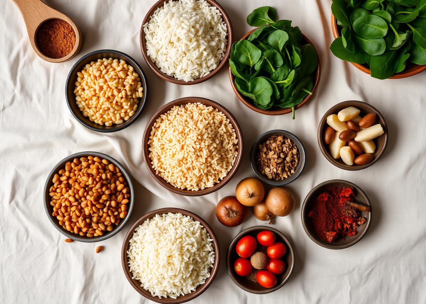 Affordable Indian grocery staples: rice, lentils, spinach, onions, tomatoes and spices