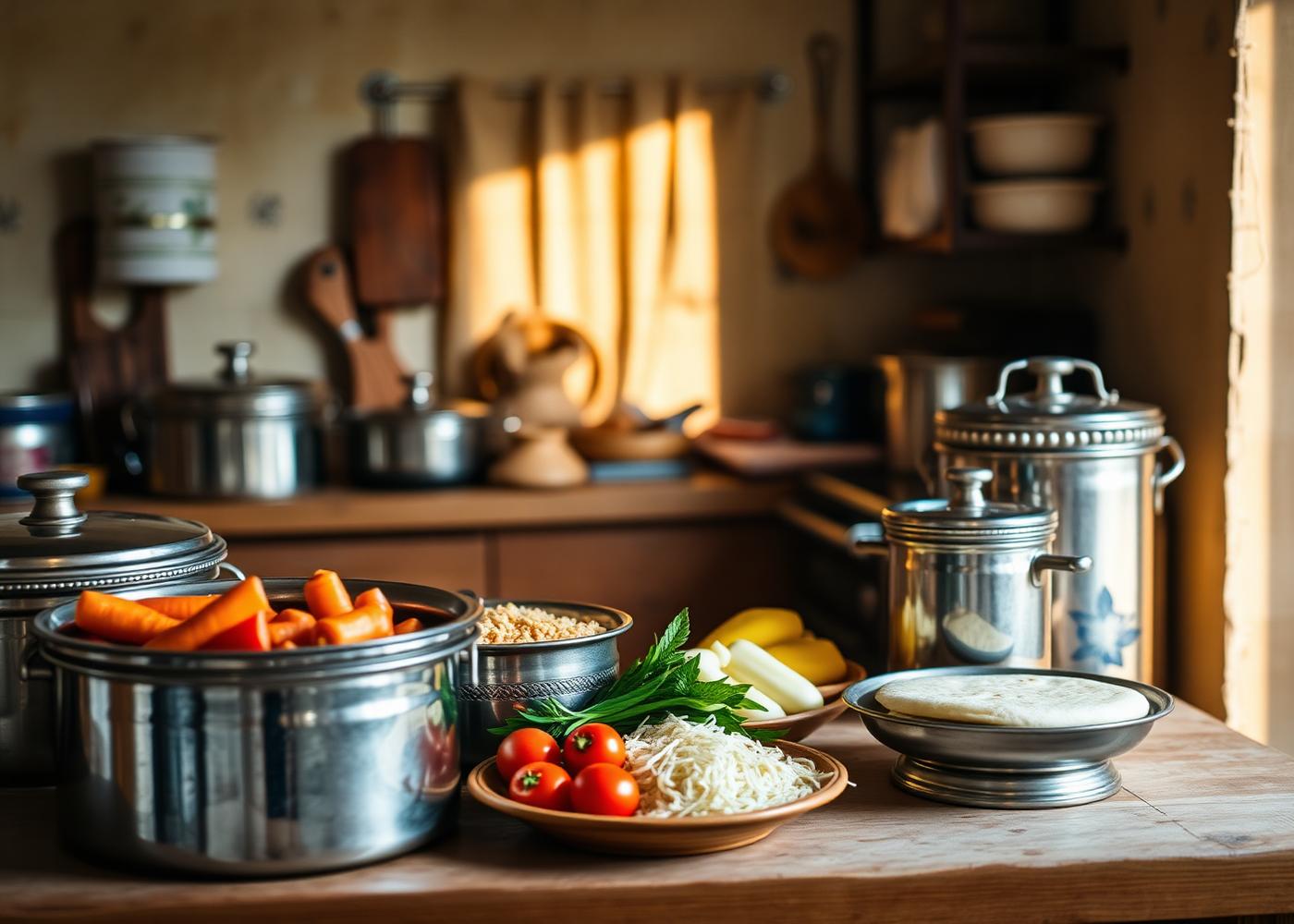 Warm Indian home kitchen with fresh vegetables, steel containers and roti on the counter