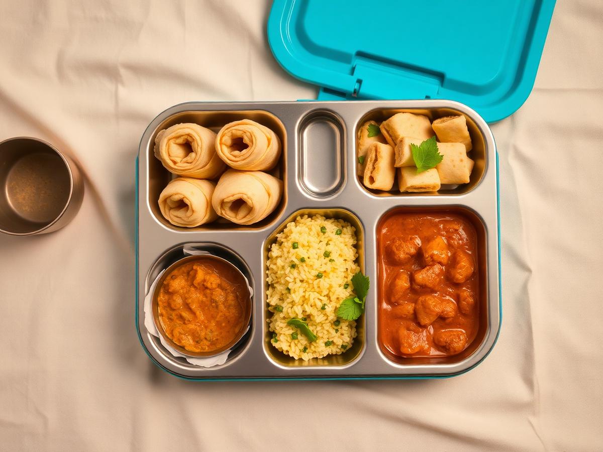 Indian school lunchbox with paratha rolls, poha and sandwich squares